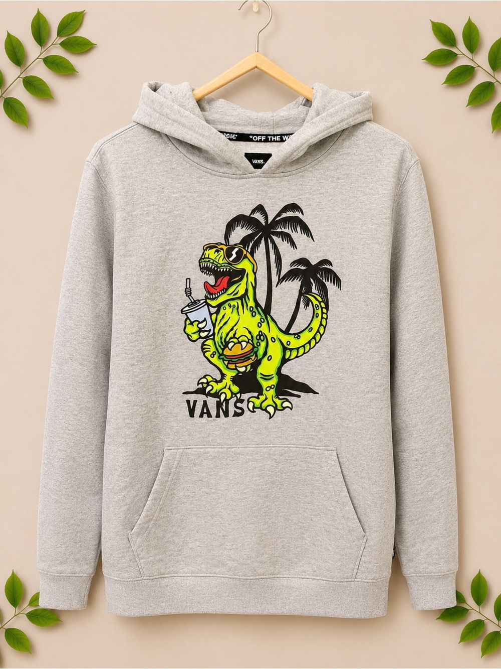 Vans Gray Hoodie with Neon Green Dinosaur Graphic